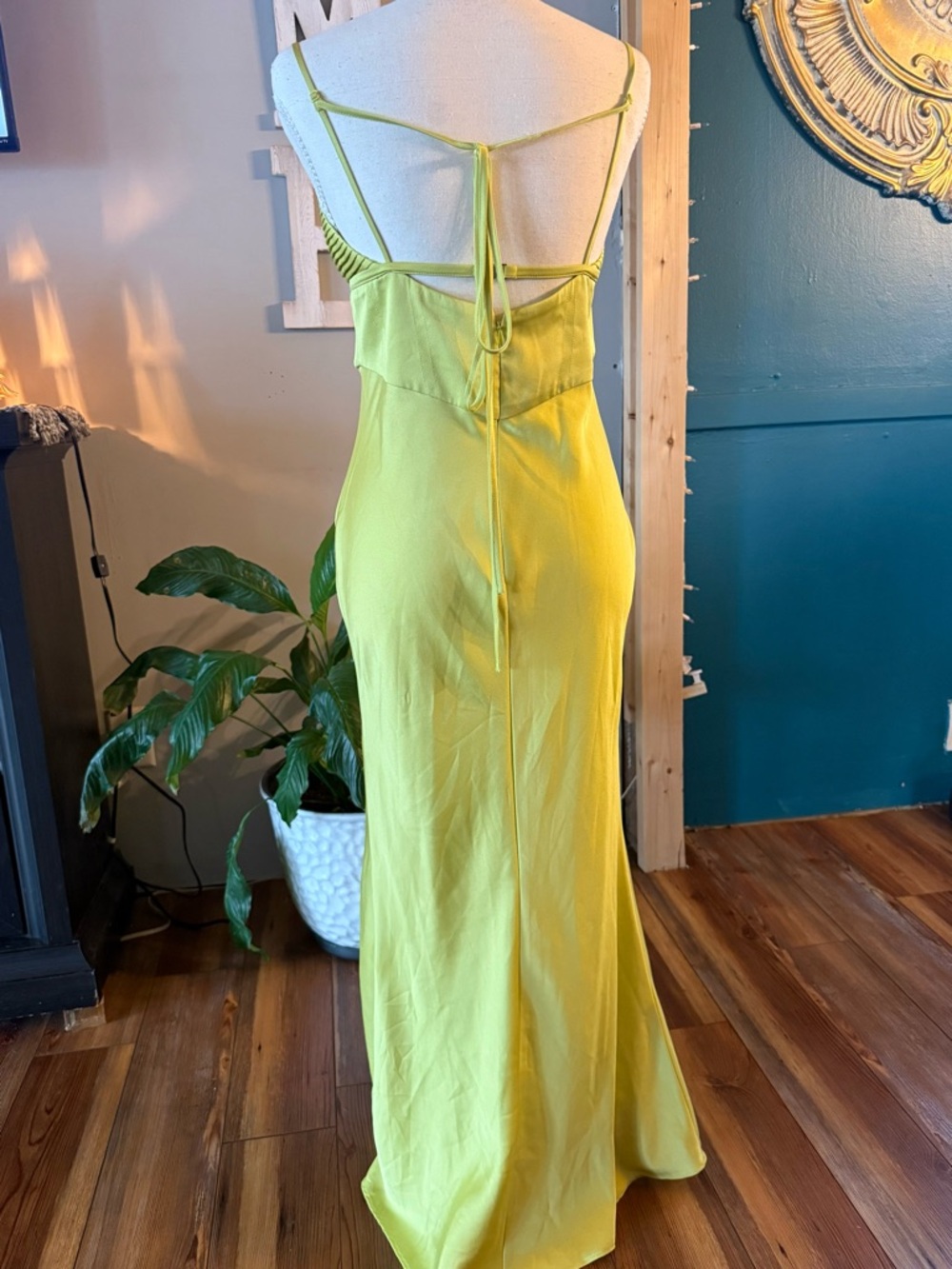 ASOS Chartreuse Spaghetti-Strap Maxi Dress with Ruched Bust - Picture 2 of 3